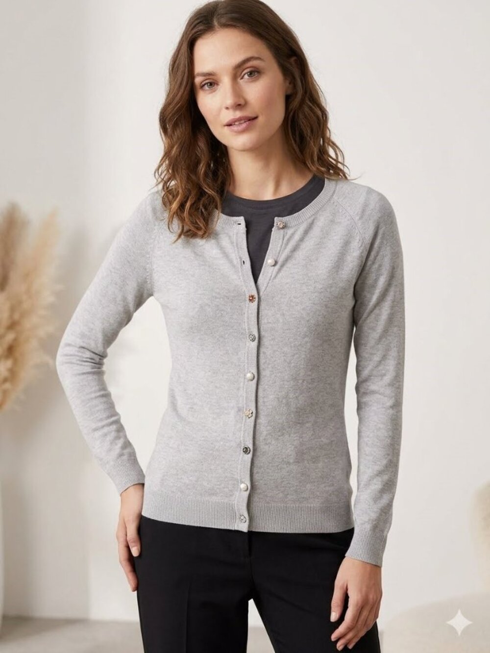 Light Grey Cardigan One Size Raglan Sleeves Button Detail Cozy Knit